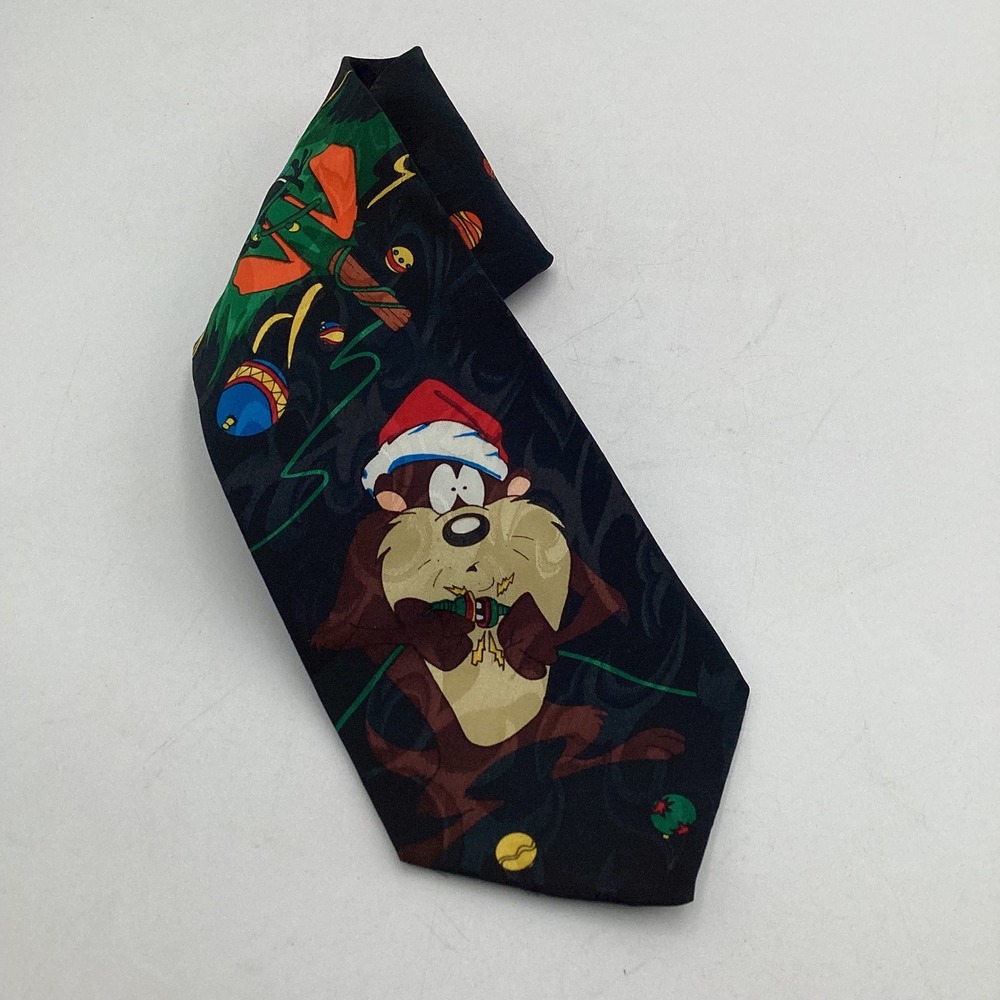Vintage 1995 Looney Tunes Taz Christmas Tie Tasmanian Devil Santa Holiday Black